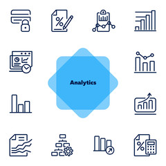 Sticker - Analytics icon. Set of line icons on white background. Bar graph, marketing report, discount. Diagram concept. Vector illustration can be used for topics like business, finance, trade