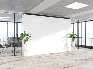 Aufkleber - Blank wall in bright concrete office with large windows Mockup 3D rendering