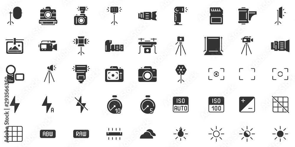 Photo camera silhouette icon. Photography cameras shutter speed, aperture and digital camera exposure black stencil icons vector set - obrazy, fototapety, plakaty 