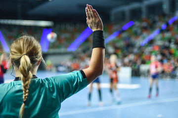 Wall Mural - Handball referee gives signal playing for time during handball match.