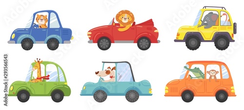 Cute animals in funny cars. Animal driver, pets vehicle and happy lion in car...