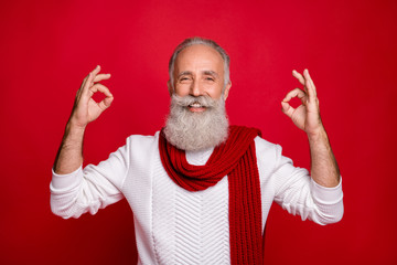 Sticker - Portrait of his he nice attractive confident content cheerful cheery gray-haired man showing double two ok-sign ad advert advice isolated over bright vivid shine red background