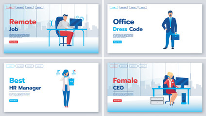 Poster - Business landing page vector templates set. Office dress code website interface idea with flat illustrations. Best HR manager homepage layout. Remote job web banner, webpage cartoon concept
