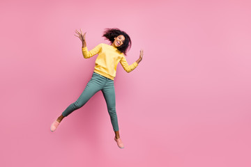 Sticker - Free time enjoy good mood concept. Full length body photo of beautiful pretty cool carefree dreamy girlish inspired lovely laughing funny funky hipster jumping up isolated pastel background