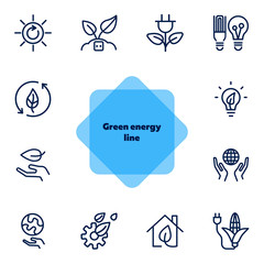 Poster - Green energy line icons. Set of line icons on white background. Environment concept. Ecology, planet, leaf, safety. Vector illustration can be used for topics like nature, environment, planet