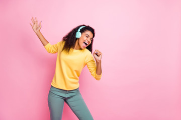 Poster - I'll grow up and become star person in music world in the future. Photo of talented gifted with strong loud voice teenager teen girl holding mic singing enjoying melody isolated pink background