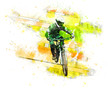 Black pencil drawing of a cyclist on a downhill bike on a multicolor background.