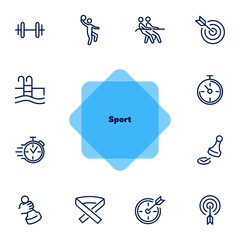 Sticker - Sport line icon set. Stopwatch, rope pulling, check mark. Competition concept. Can be used for topics like leadership, target, goal achieving