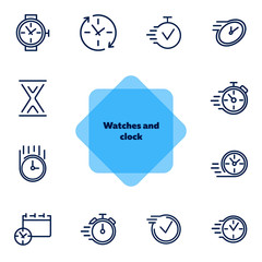 Sticker - Watches and clock line icon set. Set of line icons on white background. Time concept. Vector illustration can be used for topics like sport, management