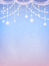 Inspiration Card With Magical Snowfall. Hanging Holiday Lights For A Christmas Party, Wedding, Festival