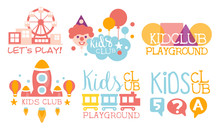 Kids Land Club Logo Set, Playiground, Education Centre For Children Colorful Labels Vector Illustration