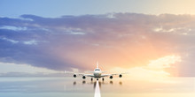 Commercial Airplane Waiting In The Airport At Sunset Or Sunrise. 3D Illustration