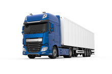 Generic Truck With Semi Trailer Photo Realistic Isolated 3D Illustration - Front Left Low Angle View.