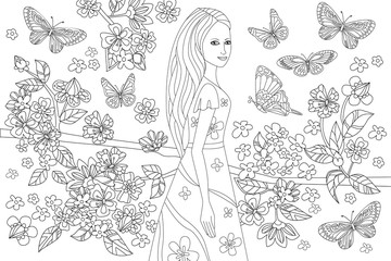 Fotomurales - nice girl in blossom garden for your coloring book
