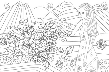 Fotomurales - nice girl in mountain landscape for your coloring book