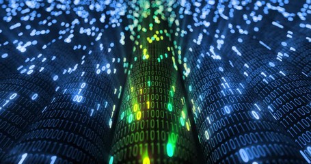 Aufkleber - Abstract blue and orange digital binary code matrix background with flare. Futuristic Big data information technology, data center, block chain, server, internet, hi-speed. 3D rendering	