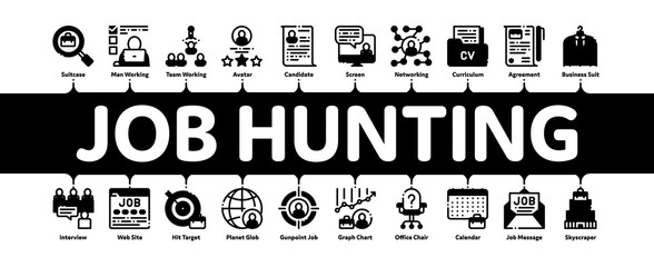 Poster - Job Hunting Minimal Infographic Web Banner Vector. Hunting Business People And Recruitment Candidate, Team Work And Partnership Concept Linear Pictograms. Contour Illustrations