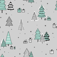 Wall Mural - Beautiful and cute christmas trees seamless pattern, hand drawn and decorated trees - great for textiles, banners, wallpapers, cards - vector surface design