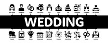 Wedding Minimal Infographic Web Banner Vector. Characters Bride And Groom, Rings And Limousine Wedding Elements Linear Pictograms. Church And Arch, Fireworks And Dancing Contour Illustrations