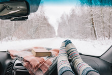 Winter Car Trip In Snowy Forest
