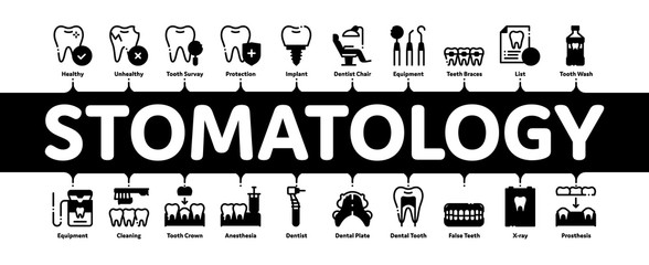 Sticker - Stomatology Minimal Infographic Web Banner Vector. Stomatology Dentist Equipment And Chair, Healthy And Unhealthy Tooth Linear Pictograms. Jaw Denture, Injection Anesthesia Contour Illustrations