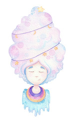 Watercolor illustration with cute girl with sweet wool hair. Children 's illustration of a sweet man