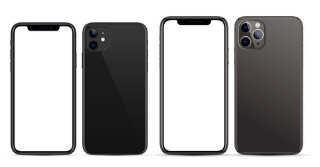 11th generation smartphone in black, with a blank screen for the web interface, and the back with ca