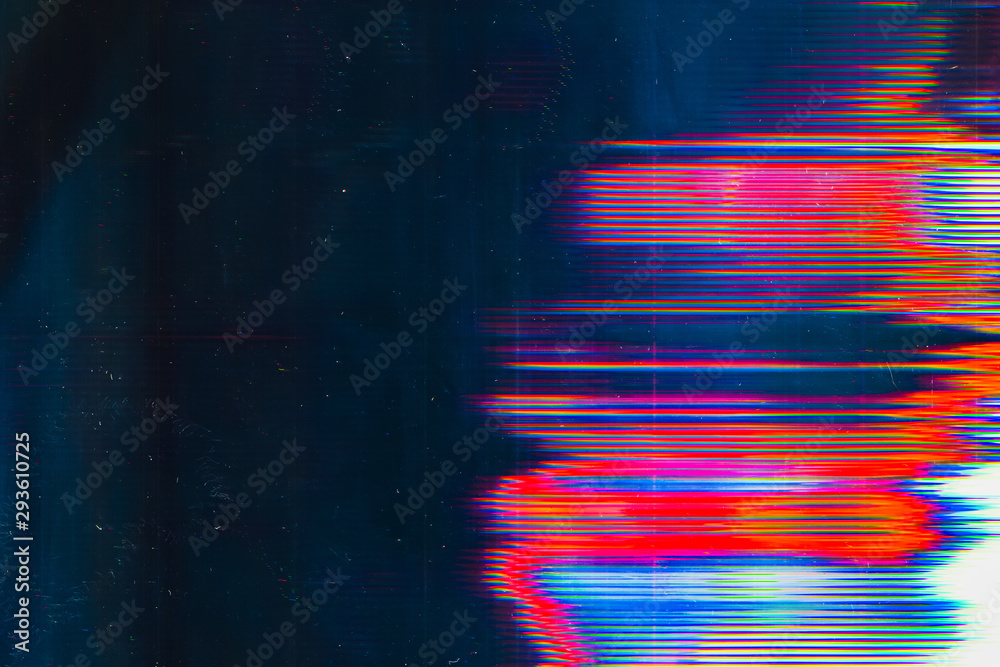 Screen damage. Digital glitch error. Colorful glow on teal blue ...