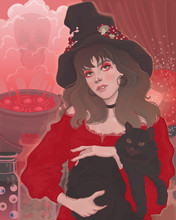  Beautiful Witch In A Witching Hat Girl With A Black Cat In Her Arms 
