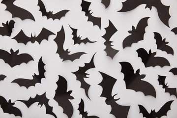 Wall Mural - top view of paper black bats on white background, Halloween decoration