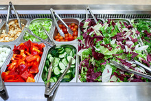 Fresh Salad Bar With Various Fresh Assortment Of Ingredients. Display Space Of Options For Choice Of Clients In Supermarket Or Restaurant