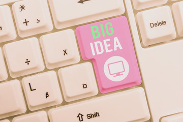 Wall Mural - Text sign showing Big Idea. Business photo text Having great creative innovation solution or way of thinking White pc keyboard with empty note paper above white background key copy space