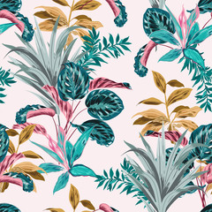 Wall Mural - Sweet retro pastel mood seamless pattern of tropical forest with many kind of exotic plants and leaves in vector ,Design for fashion fabric,web,wallpaper,and all prints