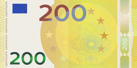 Wall Mural - Voucher template banknote 200 euro with guilloche pattern watermarks and border. Yellow background banknote, gift voucher, coupon, money design, currency,note,check, cheque, reward, certificate design