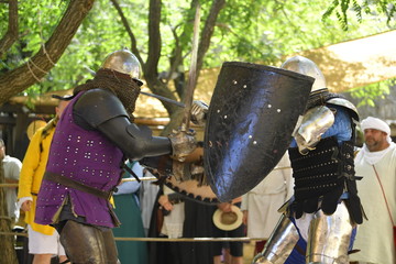 Knights are fighting on the battlefield during the festival 