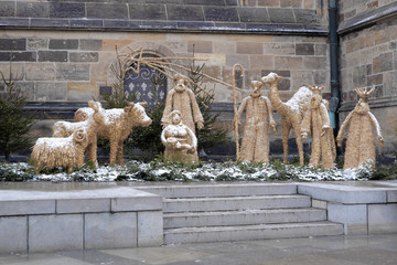 Nativity scene made of straw close to St. Vitus Cathedral in Prague, Czech Republic