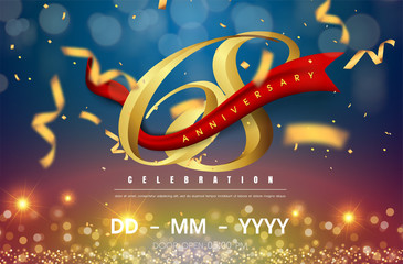 68 years anniversary logo template on gold and blue background. 68th celebrating golden numbers with red ribbon vector and confetti isolated design elements