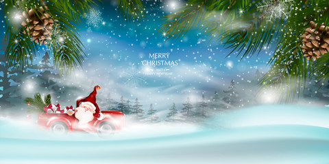 Merry Christmas design card with Santa Claus driving red car on snowy hills.