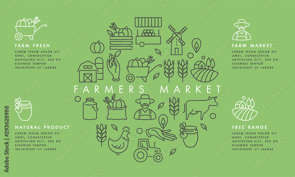 Vector set of logos, badges and icons for natural farm and health products. Collection symbol of localy grown and organic food. Concept illustration for farmers market. Infographic. - obrazy, fototapety, plakaty 