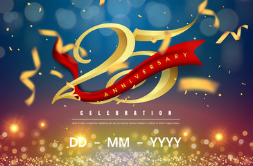 25 years anniversary logo template on gold and blue background. 25th celebrating golden numbers with