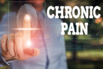 Wall Mural - Conceptual hand writing showing Chronic Pain. Concept meaning pain that is ongoing and usually lasts longer than six months Woman wear work suit presenting presentation smart device