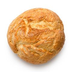 Round rustic white bread roll isolated on white. Top view.