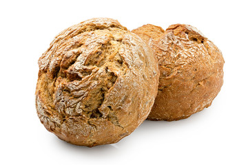 Poster - Two round rustic whole wheat bread rolls isolated on white.