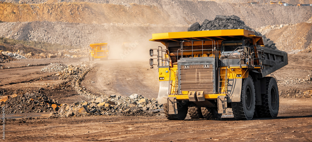 Open pit mine industry, big yellow mining truck for coal anthracite - obrazy, fototapety, plakaty 