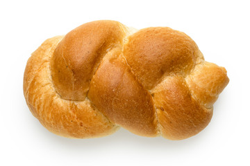 Poster - Plaited plain white bread roll isolated on white. Top view.