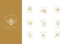Vector Set Illustartion Logos And Design Templates Or Badges. Organic And Eco Honey Labels And Tags With Bees. Linear Style And Golden Color.