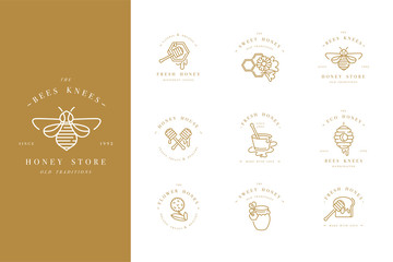 vector set illustartion logos and design templates or badges. organic and eco honey labels and tags 
