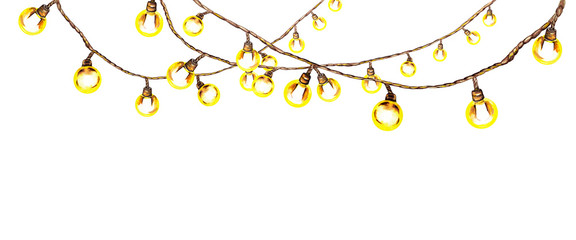 Skein of fragment of vintage garland with yellow electric lighting lamps. Watercolor hand painted isolated elements on white background. Home interior design, cozy place element, holiday decoration.