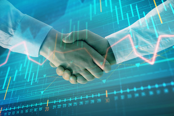 Multi exposure of forex graph on abstract background with two businessmen handshake. Concept of success on stock market