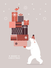 Christmas Card, Seasons Greetings, Big Polar Bear With Big Gifts. Winter Sale, Shopping	